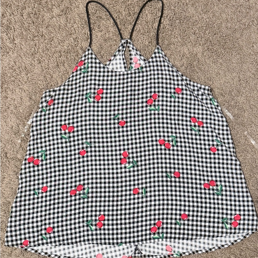 Black and White Checkered Cherry Print Women's Top